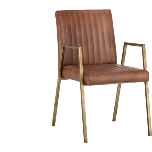 Homer Dining Arm Chair in Cognac Leatherette& Antique Brass